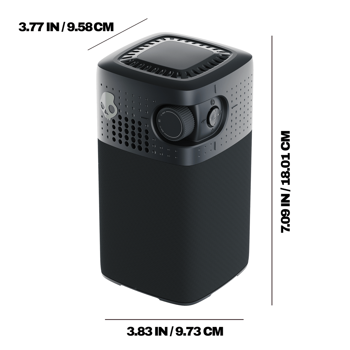 A black session 900 shown on a white background with dimension labels indicating 3.77 inches height, 3. | Primer
