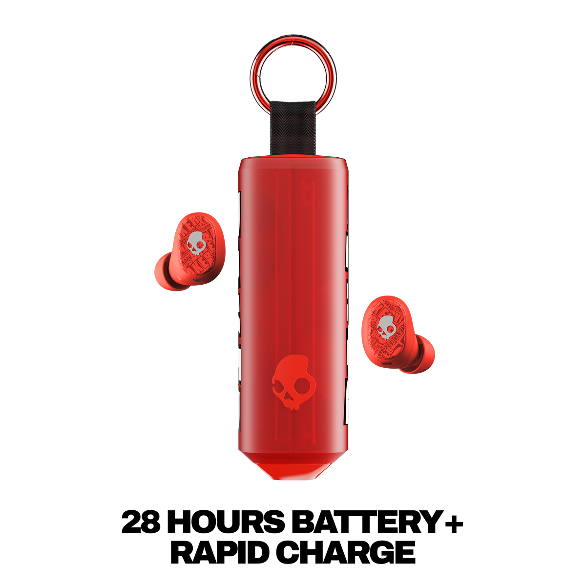 Skullcandy Dime 360 wireless earbuds with a matching red cylindrical charging case, shown on a white background with promotional text '28 HOURS BATTERY+ RAPID CHARGE'. | Skullcandy X Baker Skateboards