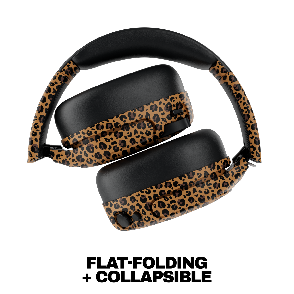 Over-ear headphones with black ear cushions and a leopard-print fabric headband and earband, shown on a white background with the text 'FLAT-FOLDING + COLLAPSIBLE' below. | Leopard