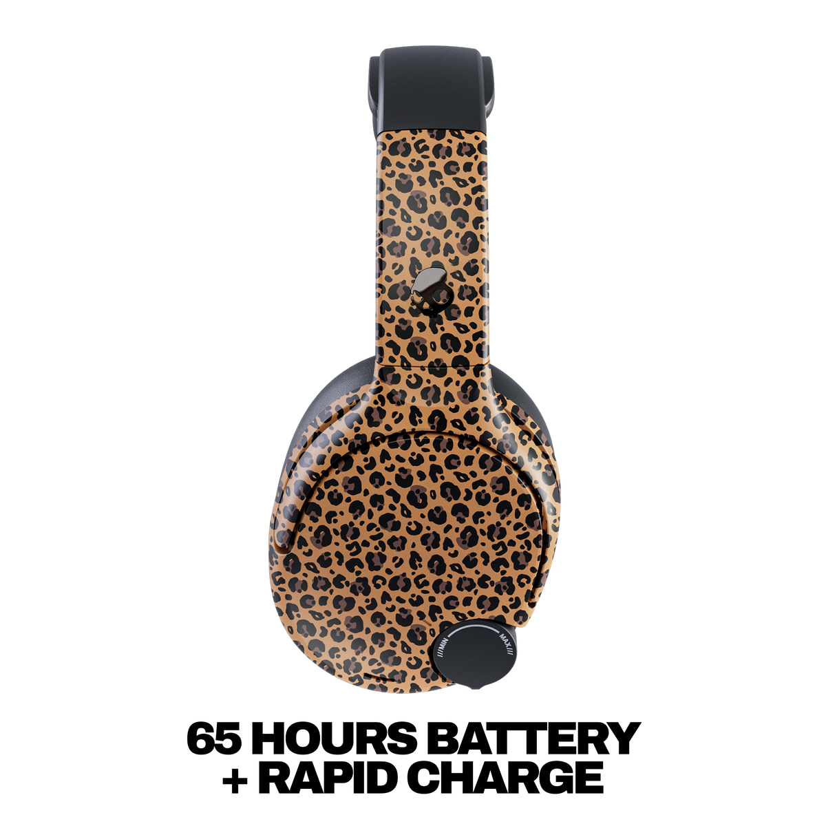 Over-ear headphones with a tan and black leopard print pattern, shown on a white background with the text '65 HOURS BATTERY + RAPID CHARGE' below. | Leopard