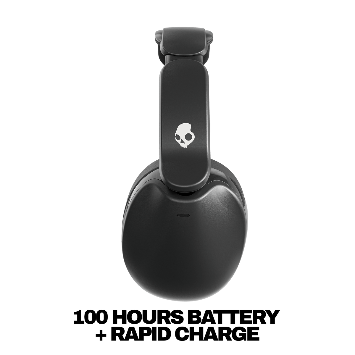 Black hesh 360 over-ear headphones with a white skull logo on the headband, shown on a white background with the text '100 HOURS BATTERY + RAPID CHARGE' below. | True Black