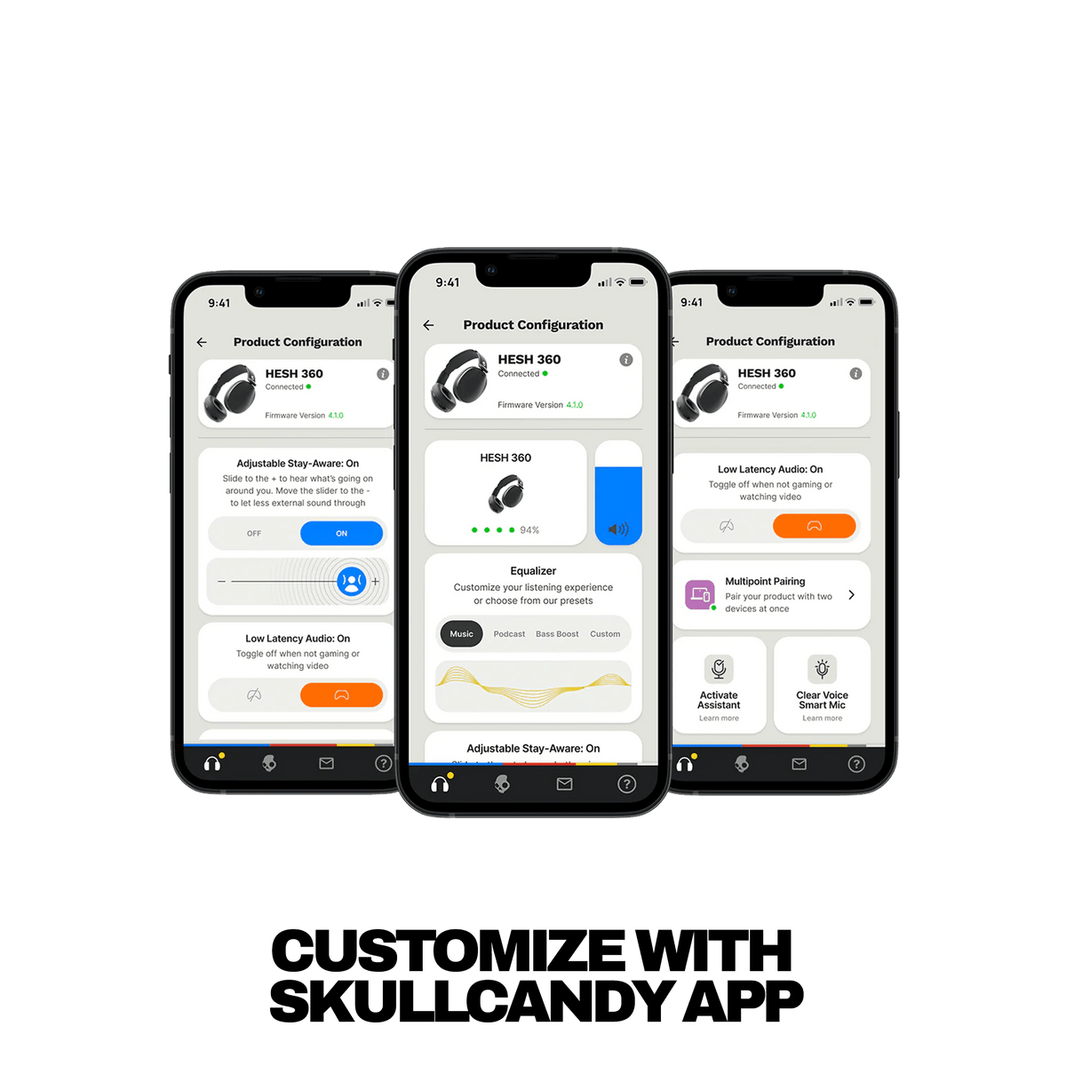 Three smartphone mockups display the Skullcandy app's product configuration screen, with customizable settings for HESH 360 headphones and other audio features. Below the phones, the text reads 'CUSTOMIZE WITH SKULLCANDY APP' on a white background. | Bone