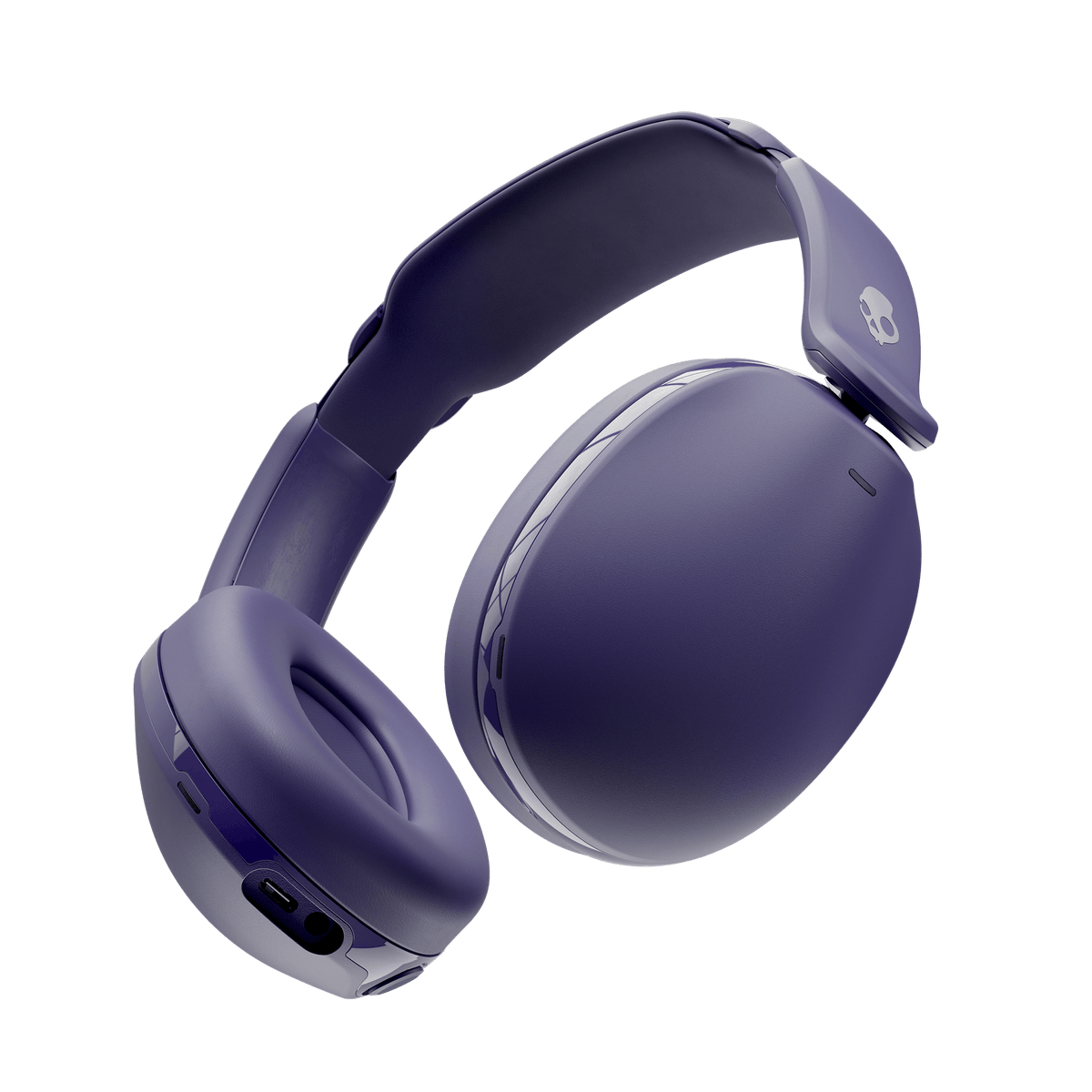 A pair of over-ear hesh 360 wireless headphones in a deep purple color, shown from a three-quarters angle on a solid white background. | Future