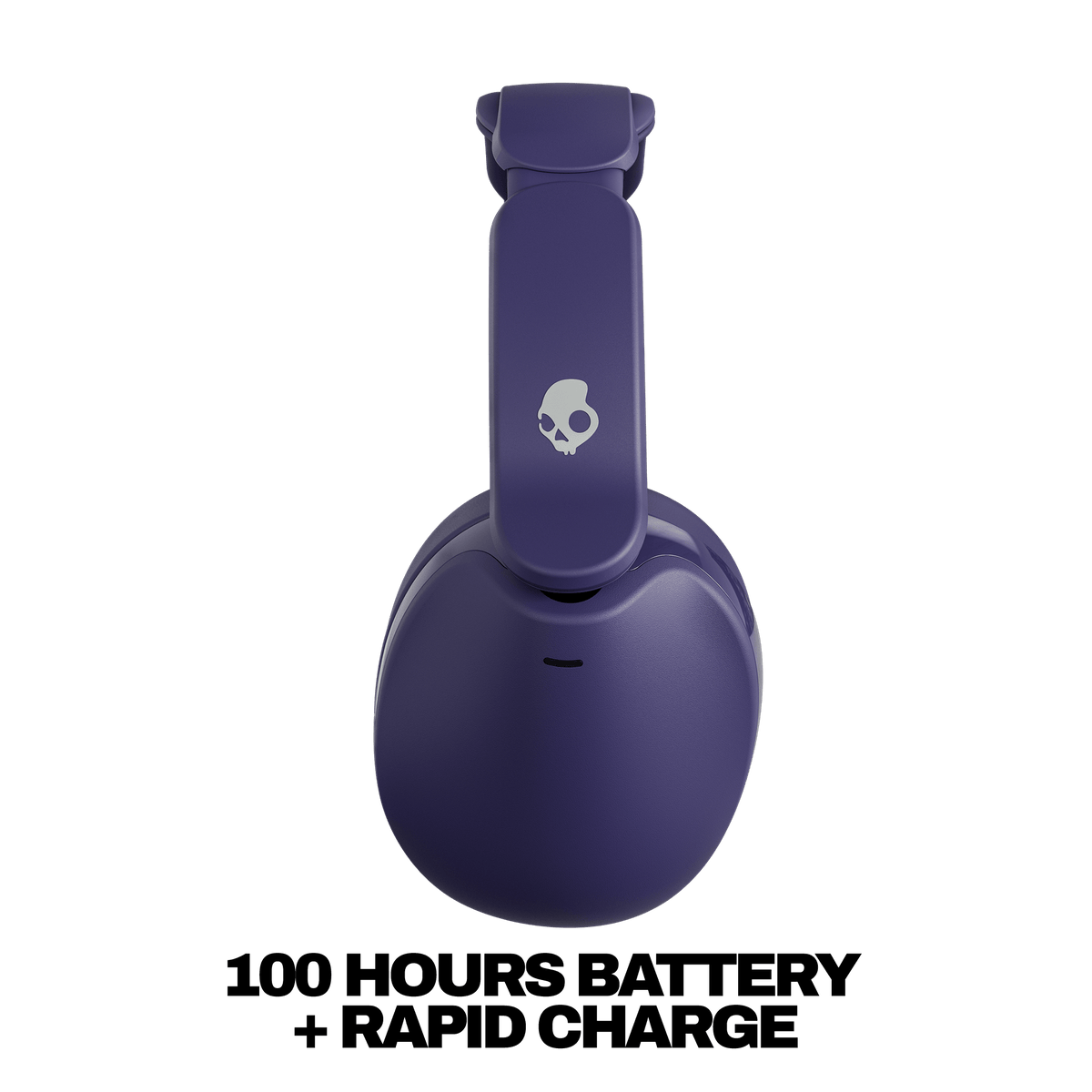 Hesh 360 over-ear wireless headphone shown from the side in a dark purple color, featuring a white skull logo on the headband. Below the headphone, bold black text reads '100 HOURS BATTERY + RAPID CHARGE' on a solid white background.  | Future