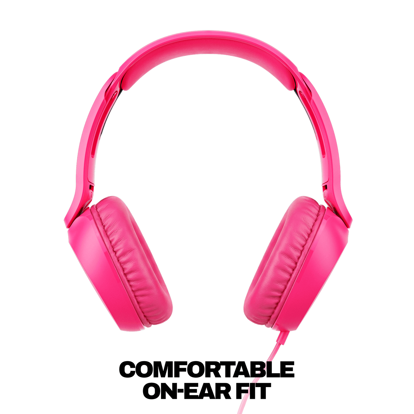 Bright pink over-ear wired headphones shown from the side against a solid black background. | Crazy Pink