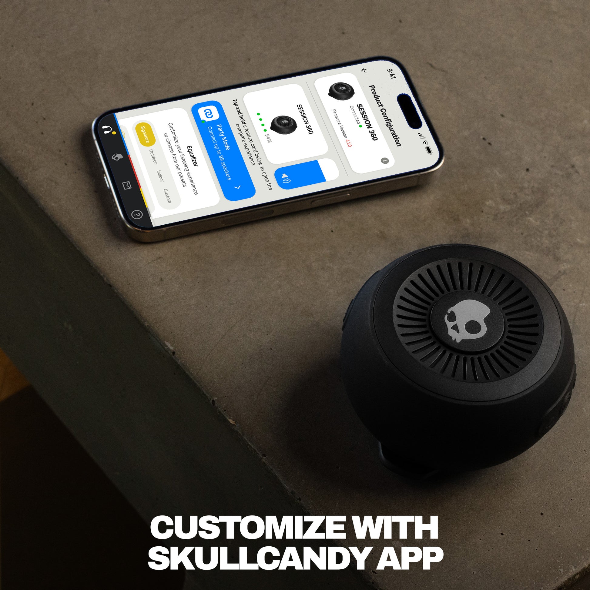 Smartphone displaying an app interface next to a cylindrical device on a concrete surface with text 'Customize with Skullcandy App'. | True Black
