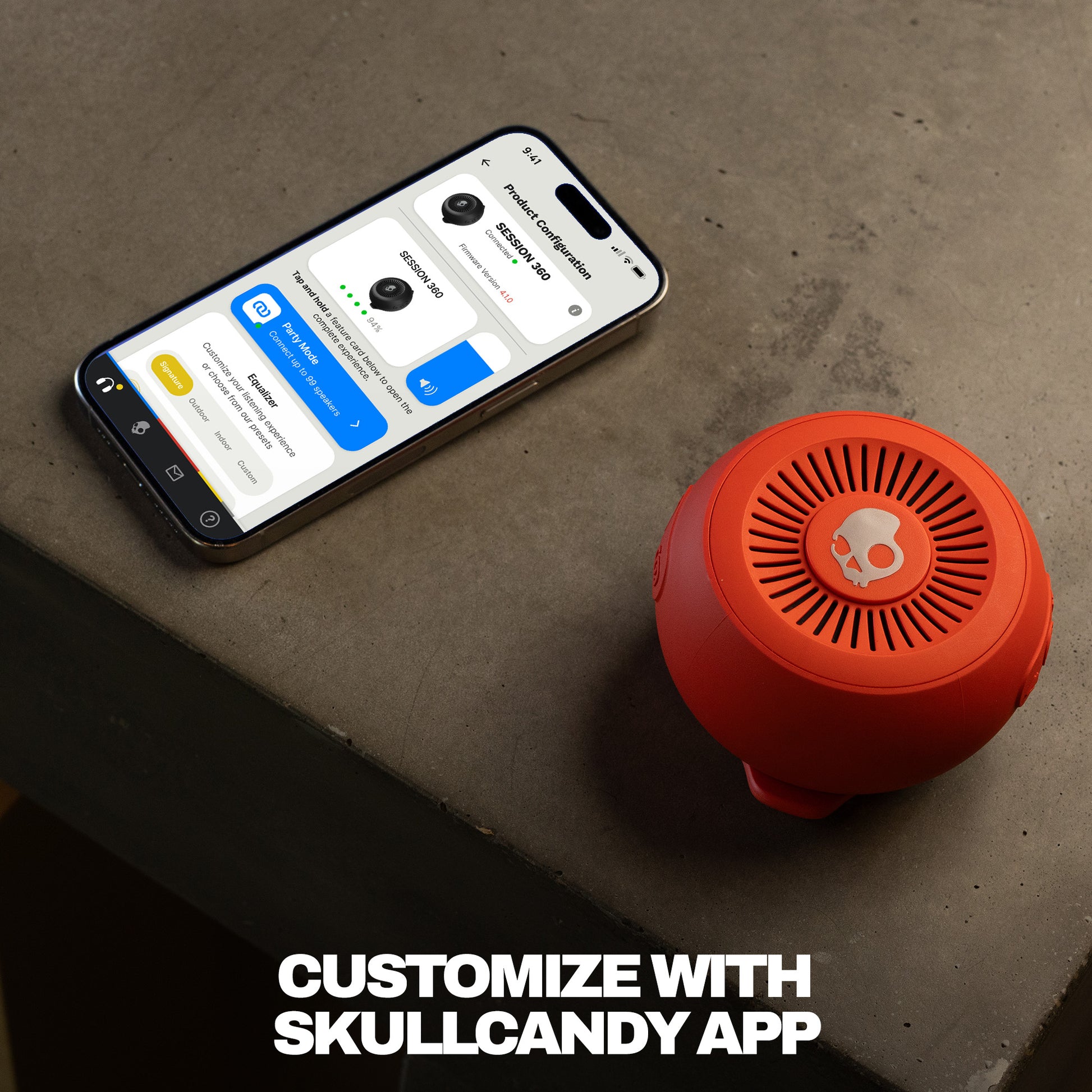 Smartphone displaying an app interface next to a cylindrical device on a concrete surface with text 'Customize with Skullcandy App'. | Plasma