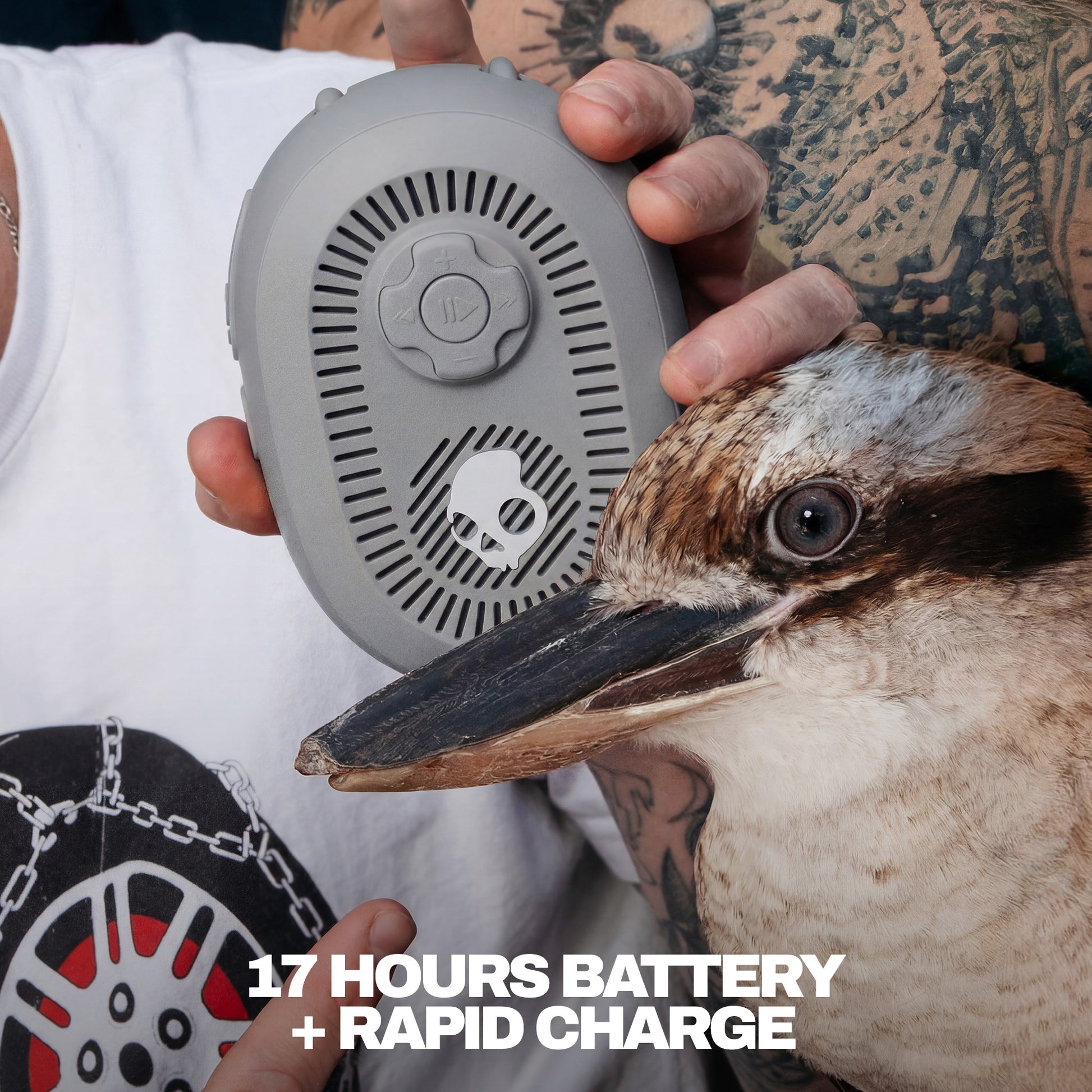 Person holding a gray device with a bird in front, text '17 Hours Battery + Rapid Charge' visible | Cement