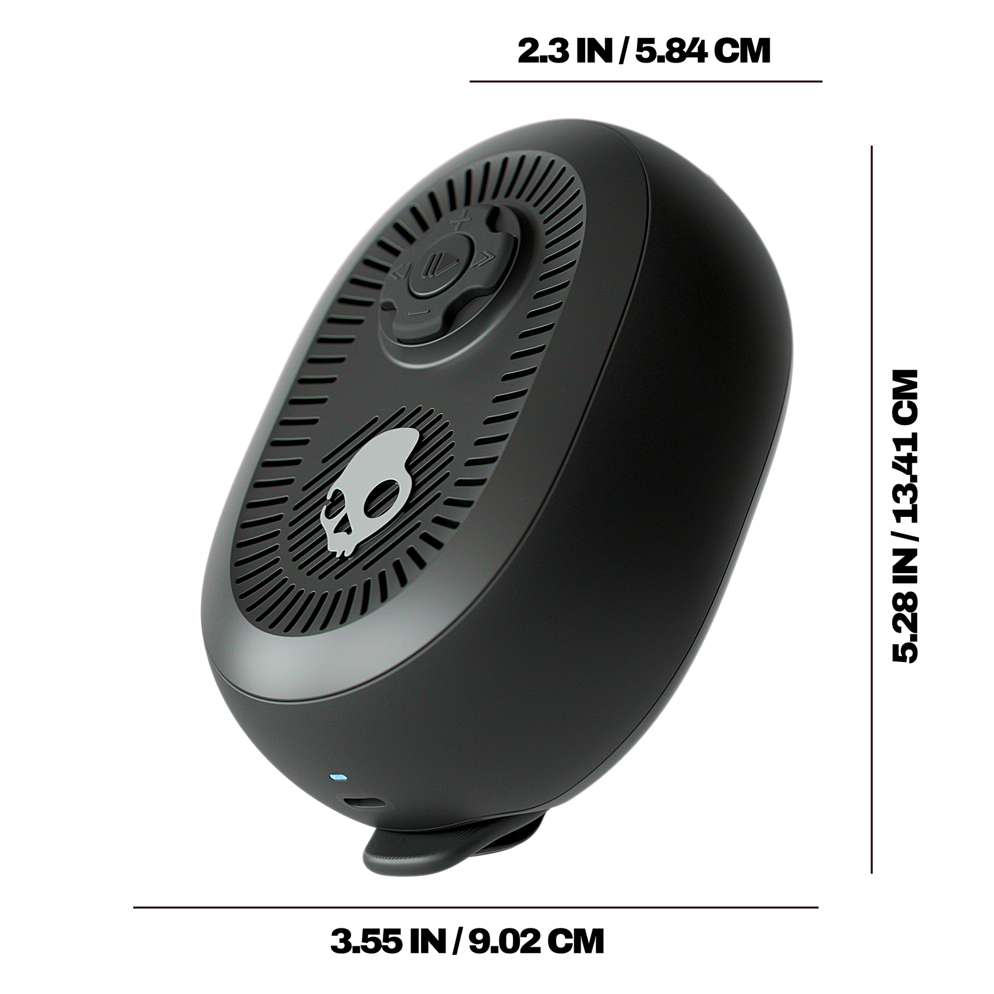 Black portable speaker with dimensions displayed on a white background | Plasma