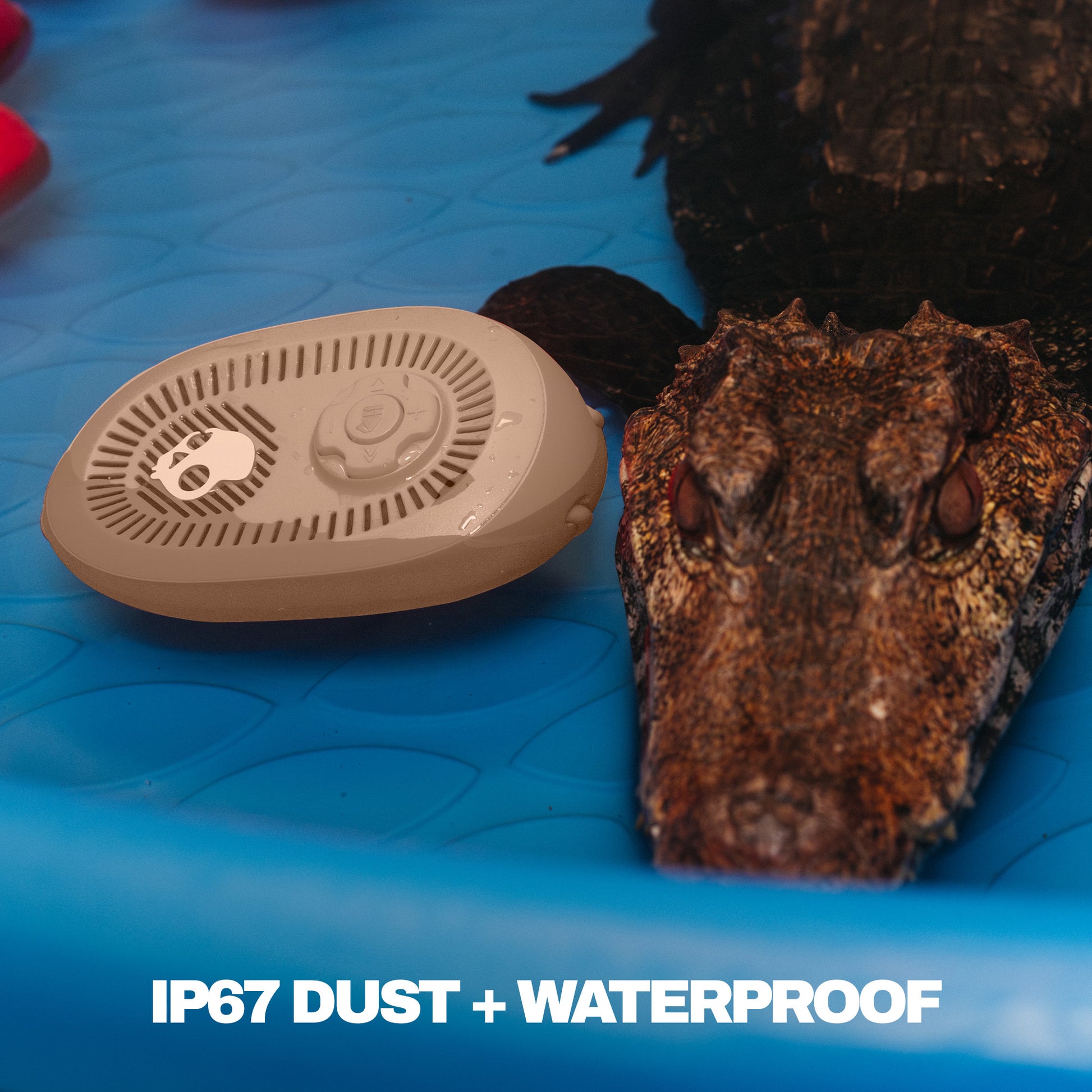 Small brown portable speaker on a blue surface with a textured object. | Primer