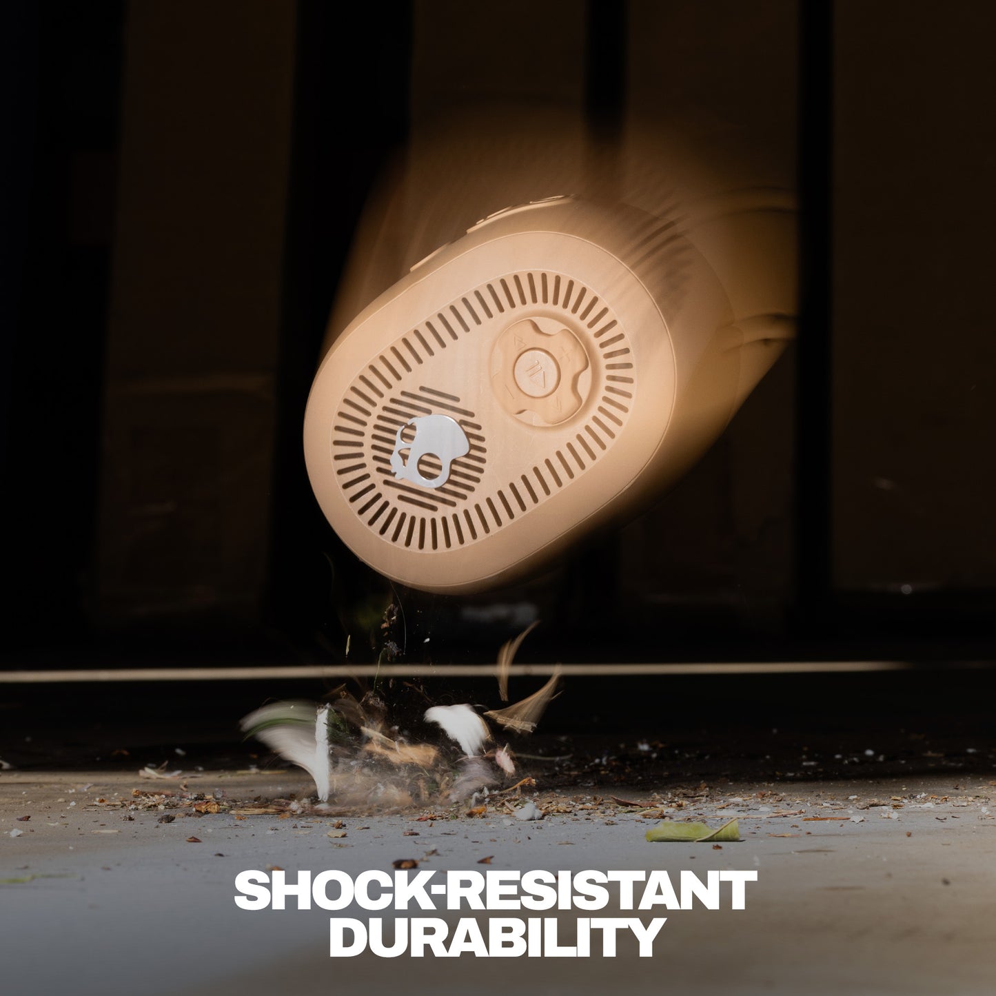 Shock-resistant durability of a portable speaker with text overlay | Primer